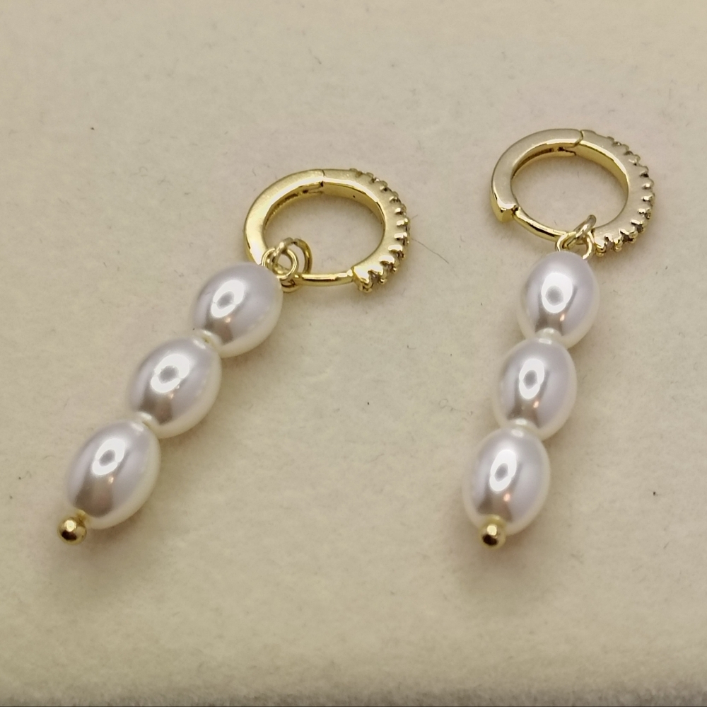New Gold Pearl Drop Hoop Earrings - Women Jewelry